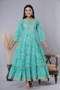 Juniper Women's Green Printed Embroidered Mirror Work Sequin Cotton Flared Dress | Grocsy