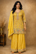 Anaita Yellow Chinon Stitched Plazzo Suit With Embroidery Work | Grocsy