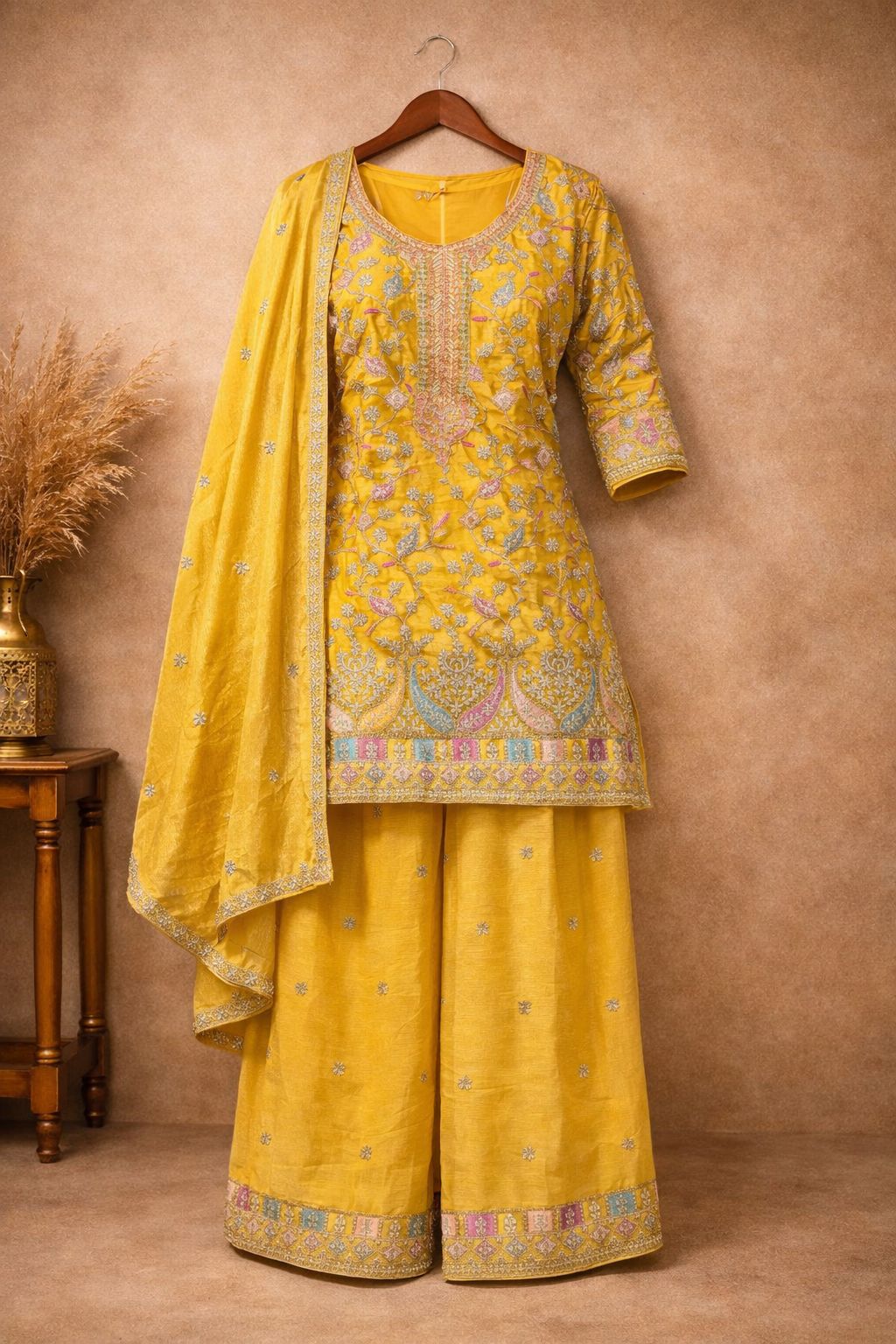 Anaita Yellow Chinon Stitched Plazzo Suit With Embroidery Work | Grocsy
