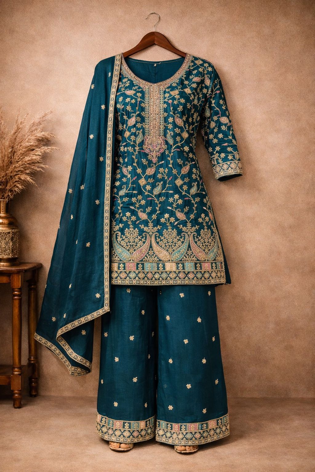 Anaita Teal Chinon Stitched Plazzo Suit With Embroidery Work | Grocsy