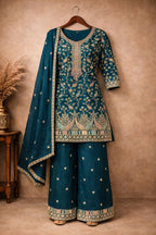 Anaita Teal Chinon Stitched Plazzo Suit With Embroidery Work | Grocsy