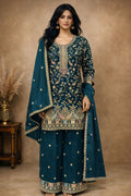 Anaita Teal Chinon Stitched Plazzo Suit With Embroidery Work | Grocsy