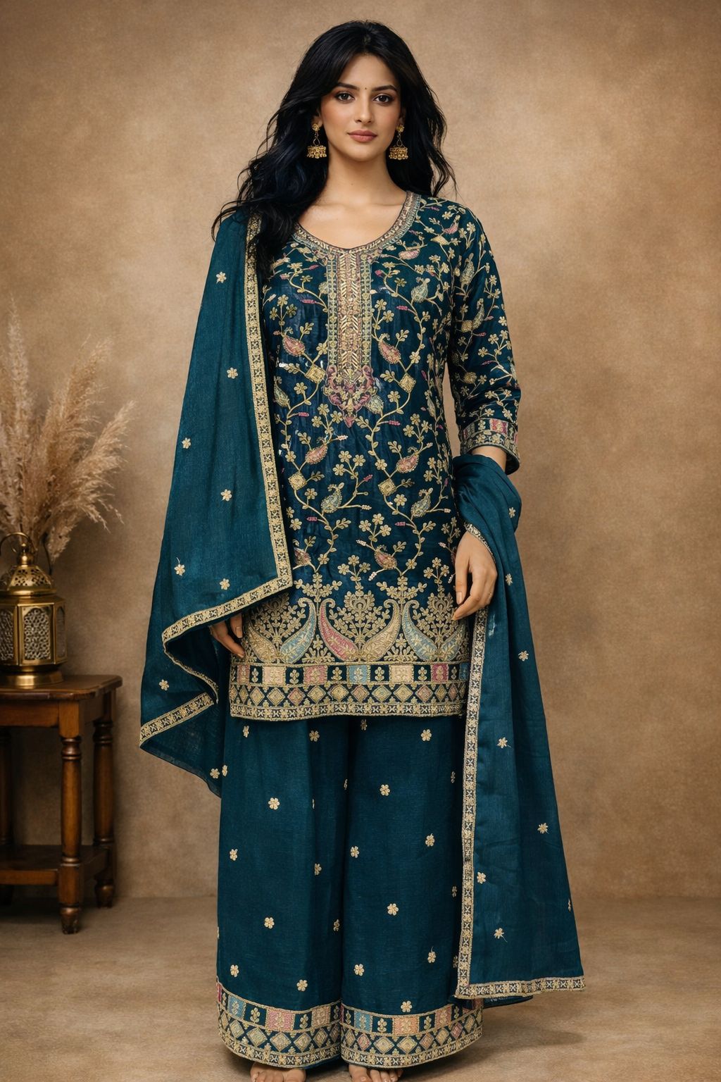 Anaita Teal Chinon Stitched Plazzo Suit With Embroidery Work | Grocsy