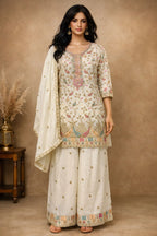 Anaita White Chinon Stitched Plazzo Suit With Embroidery Work | Grocsy