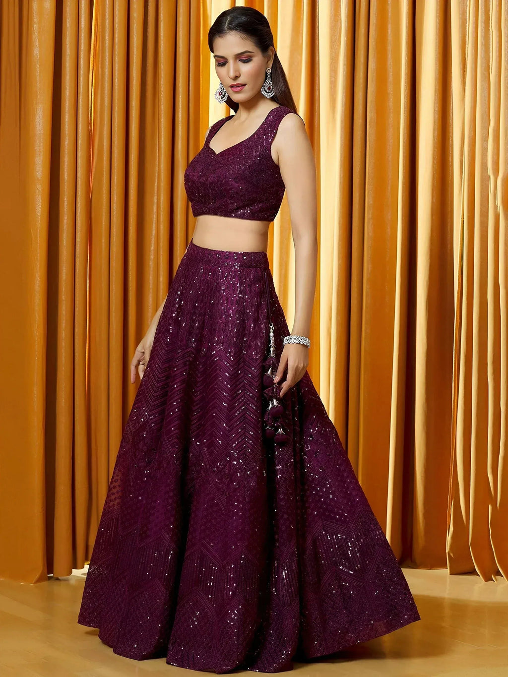 Tulsi Art Marvelousâ Wine Thread Embroidered Net Reception Wear Lehenga Choli | Grocsy