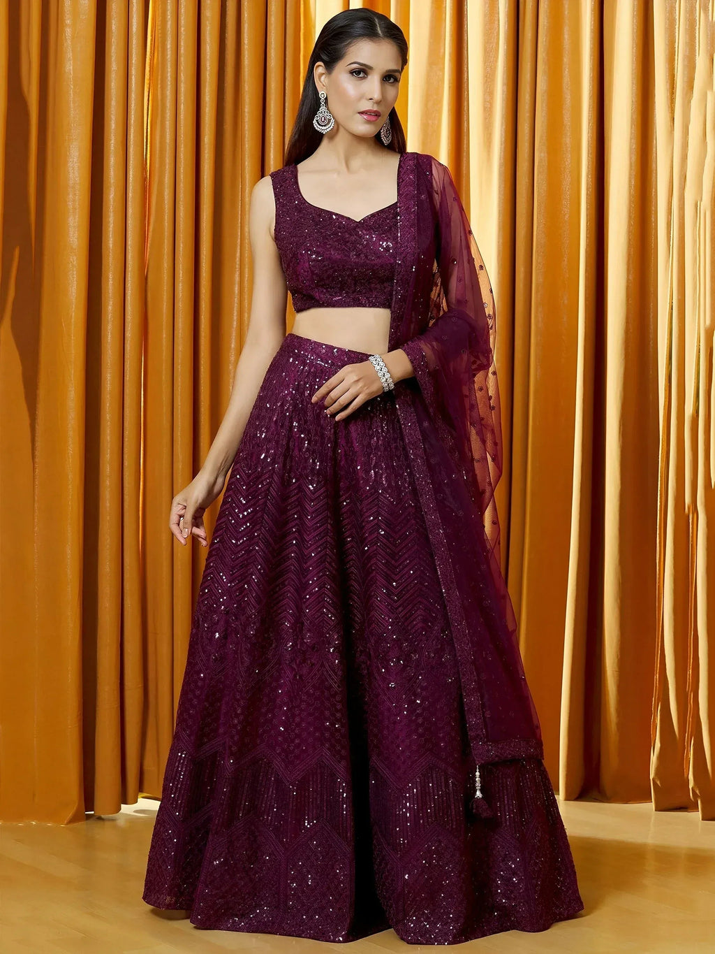 Tulsi Art Marvelousâ Wine Thread Embroidered Net Reception Wear Lehenga Choli | Grocsy