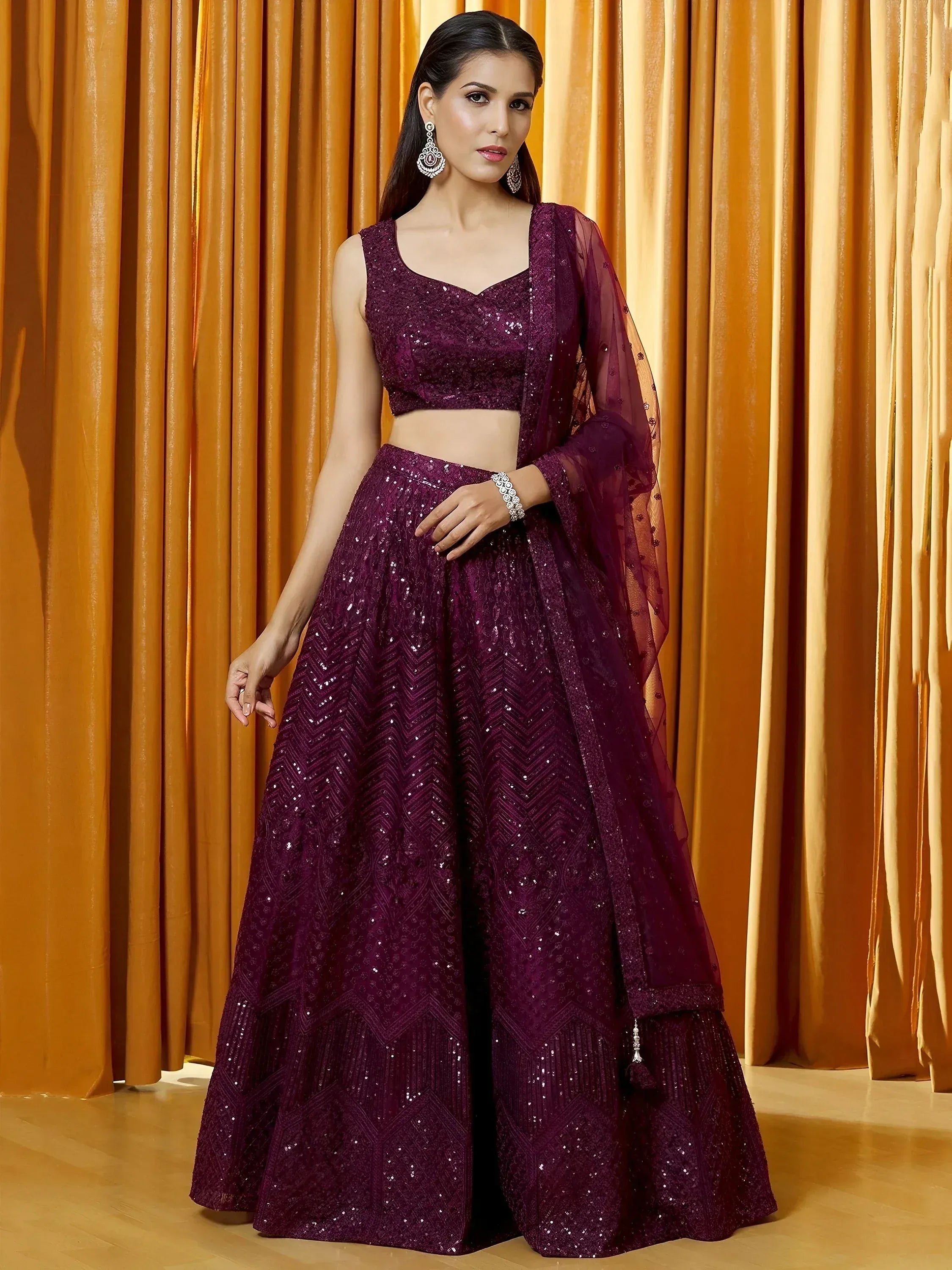Tulsi Art Marvelousâ Wine Thread Embroidered Net Reception Wear Lehenga Choli | Grocsy