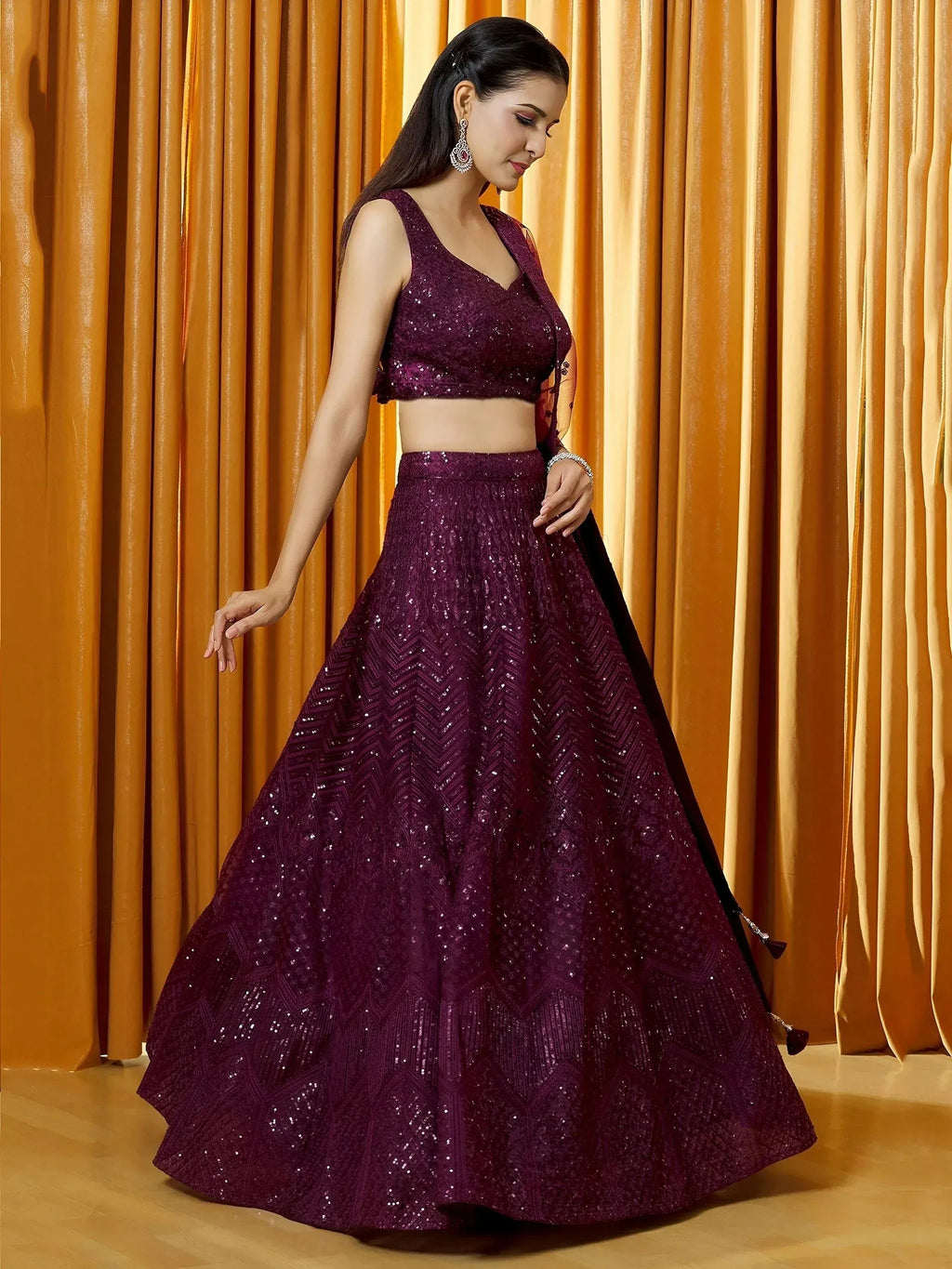 Tulsi Art Marvelousâ Wine Thread Embroidered Net Reception Wear Lehenga Choli | Grocsy