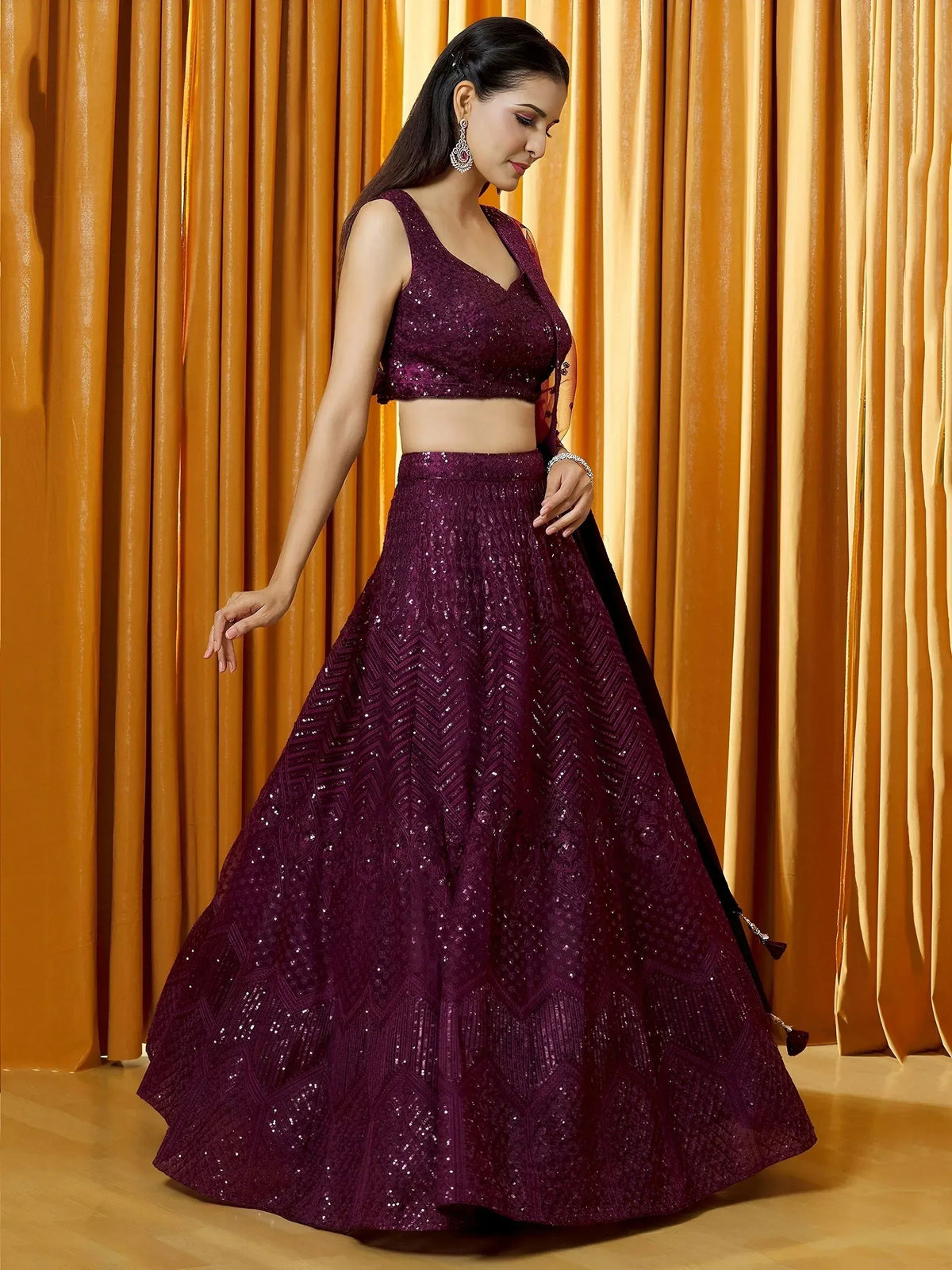 Tulsi Art Marvelousâ Wine Thread Embroidered Net Reception Wear Lehenga Choli | Grocsy