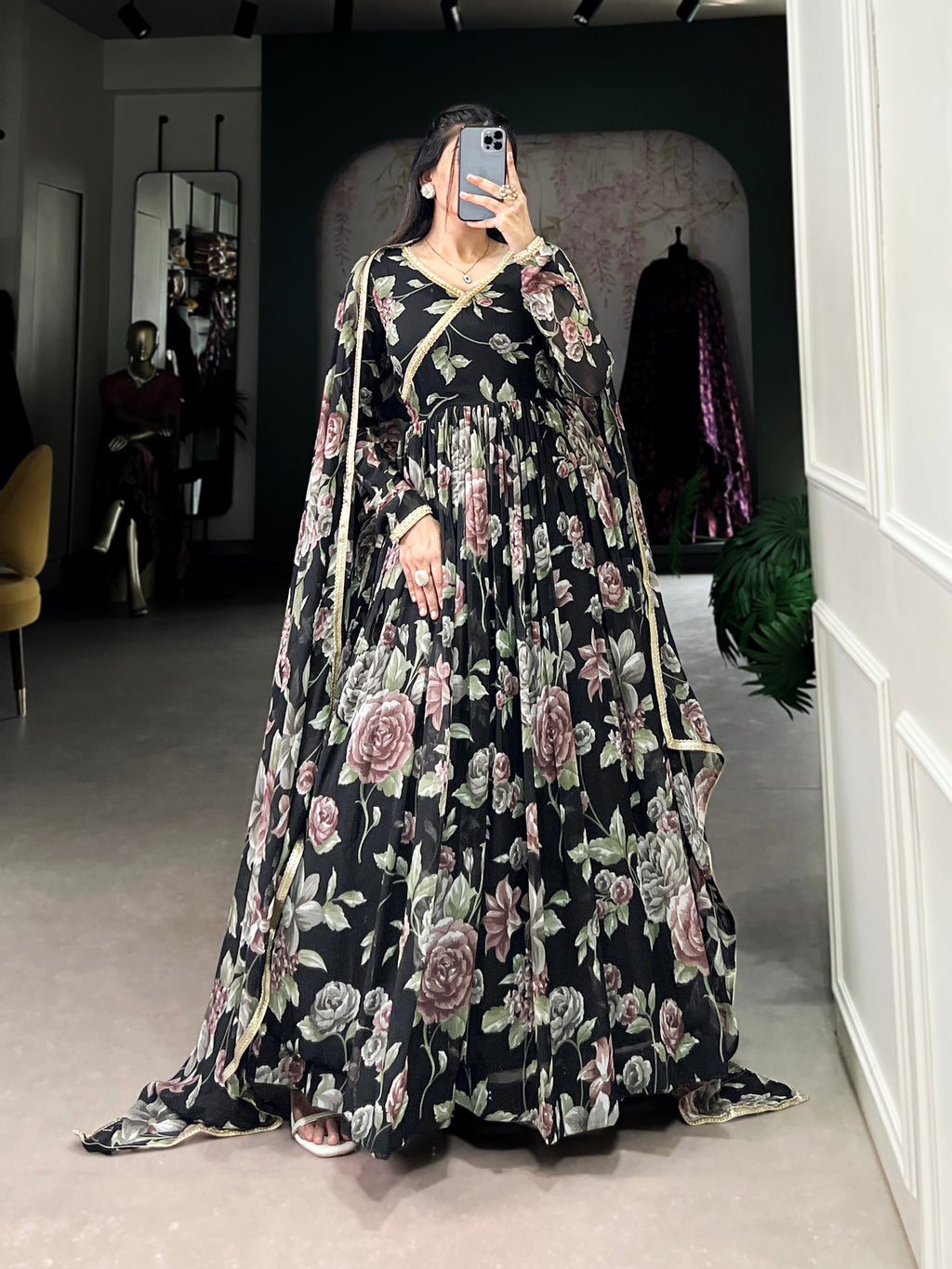 Lorenvalley Black Marbel Fabric Floral Print With Lace Touch Up Gown with Dupatta | Grocsy