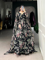 Lorenvalley Black Marbel Fabric Floral Print With Lace Touch Up Gown with Dupatta | Grocsy