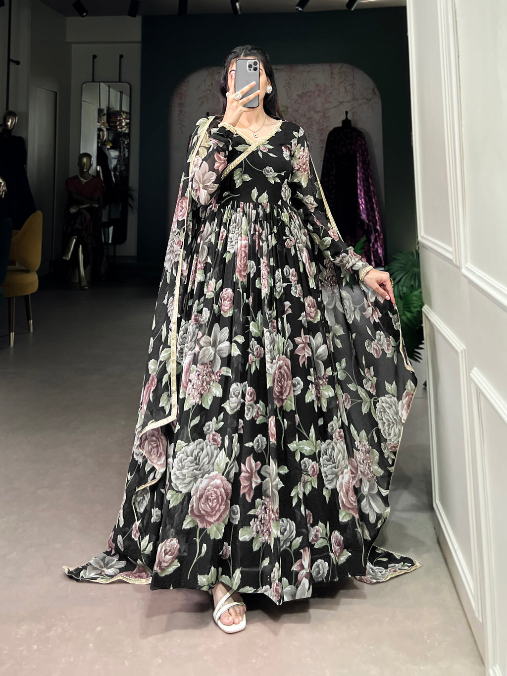 Lorenvalley Black Marbel Fabric Floral Print With Lace Touch Up Gown with Dupatta | Grocsy