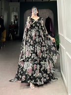 Lorenvalley Black Marbel Fabric Floral Print With Lace Touch Up Gown with Dupatta | Grocsy