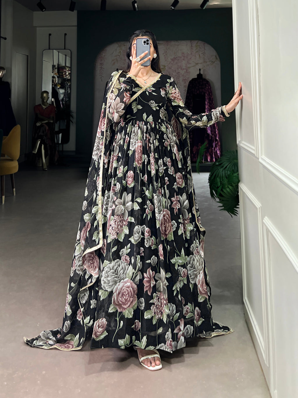 Lorenvalley Black Marbel Fabric Floral Print With Lace Touch Up Gown with Dupatta | Grocsy