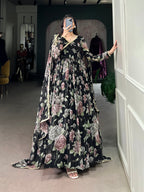 Lorenvalley Black Marbel Fabric Floral Print With Lace Touch Up Gown with Dupatta | Grocsy