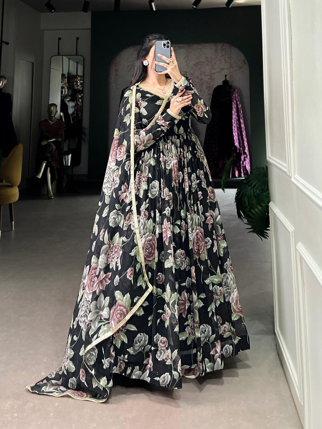 Lorenvalley Black Marbel Fabric Floral Print With Lace Touch Up Gown with Dupatta | Grocsy