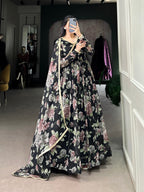 Lorenvalley Black Marbel Fabric Floral Print With Lace Touch Up Gown with Dupatta | Grocsy