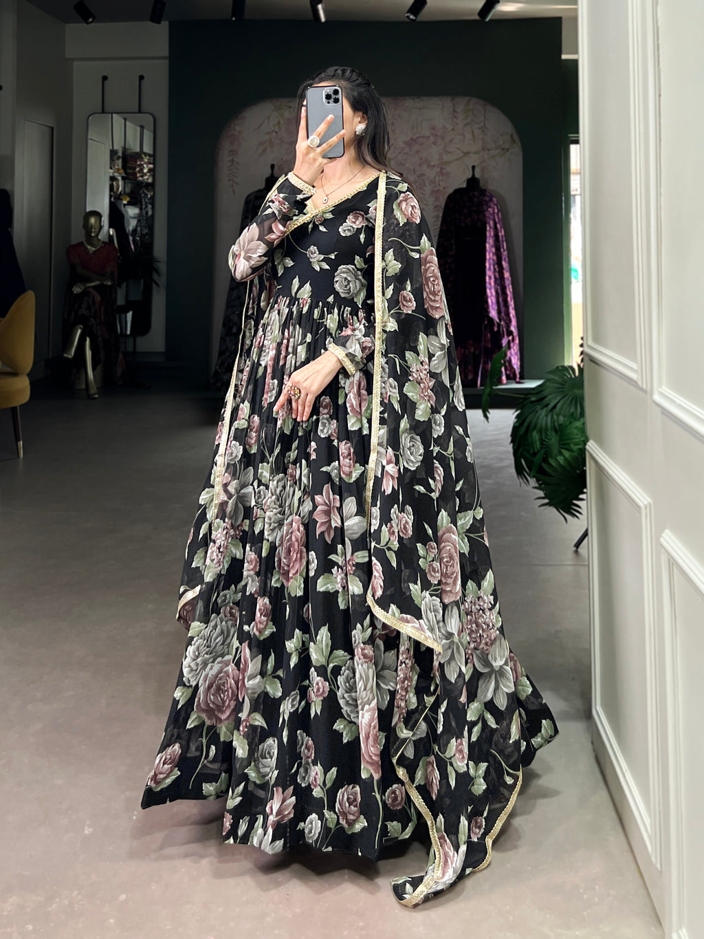 Lorenvalley Black Marbel Fabric Floral Print With Lace Touch Up Gown with Dupatta | Grocsy
