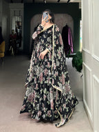 Lorenvalley Black Marbel Fabric Floral Print With Lace Touch Up Gown with Dupatta | Grocsy