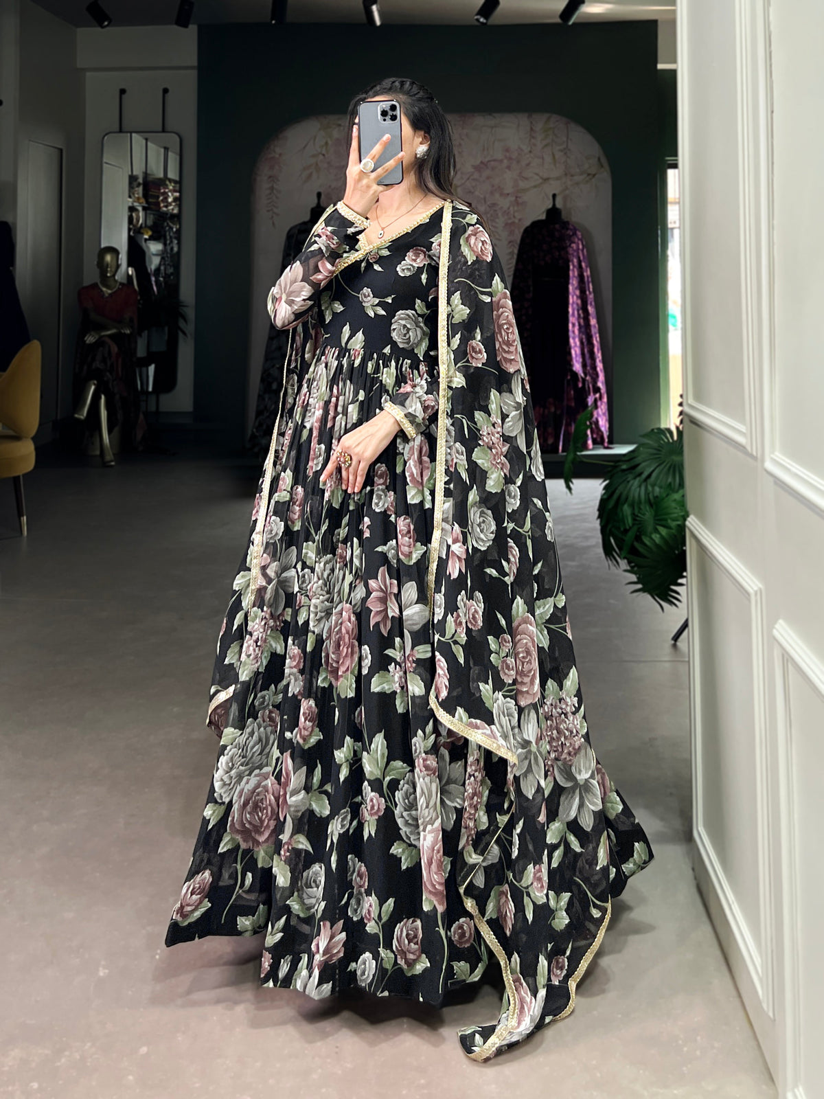 Lorenvalley Black Marbel Fabric Floral Print With Lace Touch Up Gown with Dupatta | Grocsy