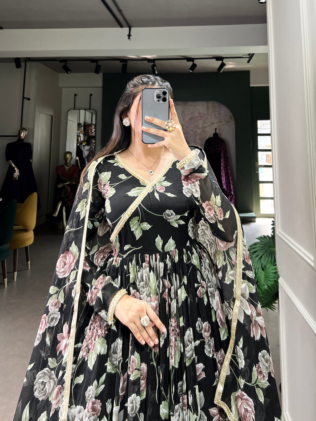 Lorenvalley Black Marbel Fabric Floral Print With Lace Touch Up Gown with Dupatta | Grocsy