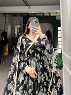 Lorenvalley Black Marbel Fabric Floral Print With Lace Touch Up Gown with Dupatta | Grocsy