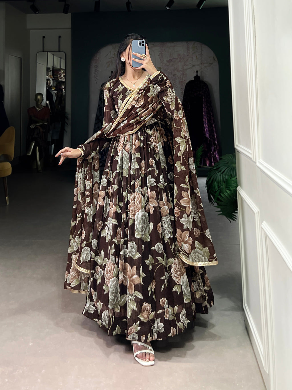 Lorenvalley Brown Marbel Fabric Floral Print With Lace Touch Up Gown with Dupatta | Grocsy