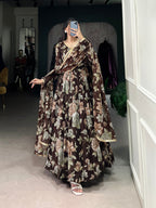 Lorenvalley Brown Marbel Fabric Floral Print With Lace Touch Up Gown with Dupatta | Grocsy