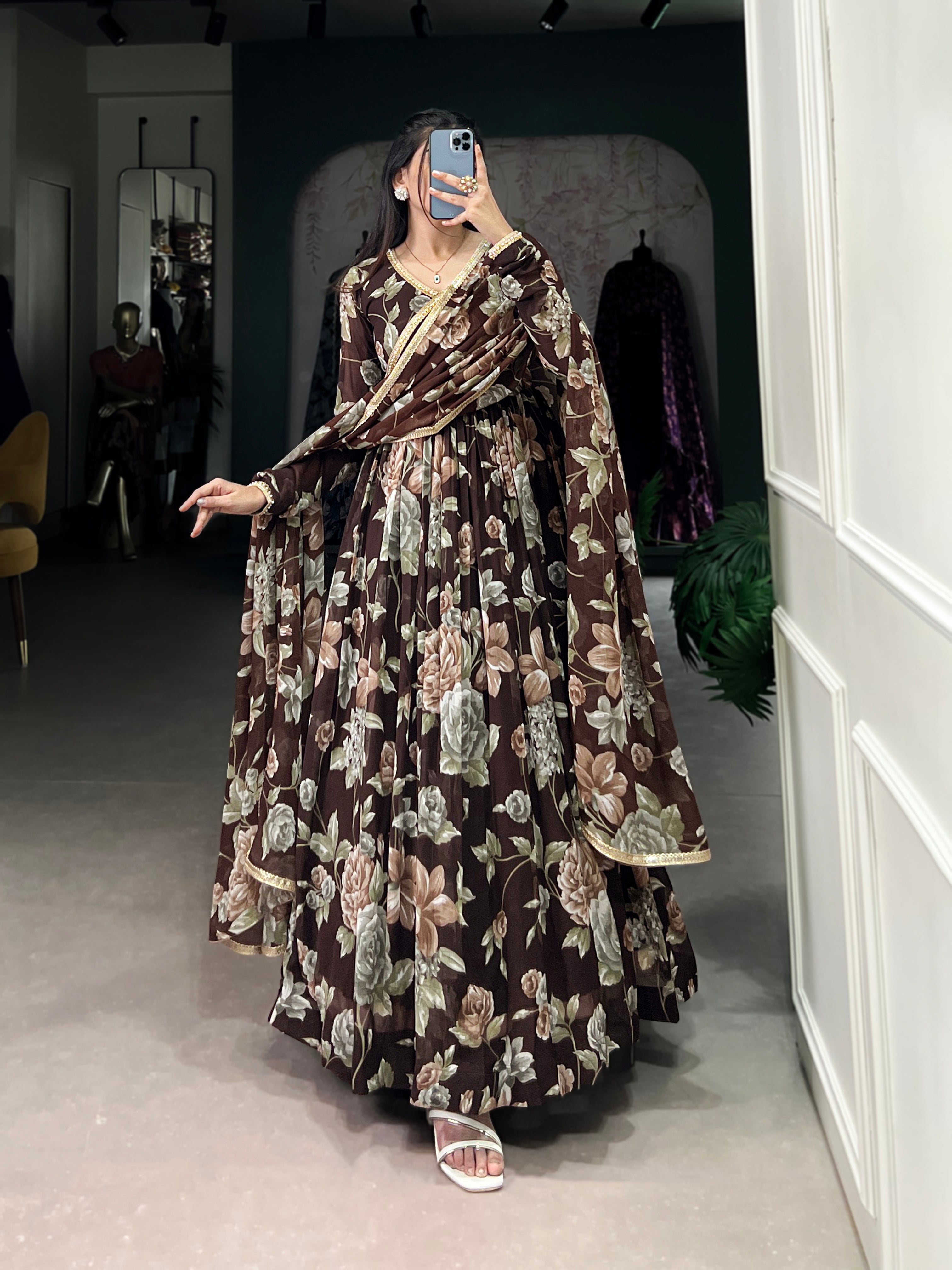 Lorenvalley Brown Marbel Fabric Floral Print With Lace Touch Up Gown with Dupatta | Grocsy