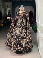 Lorenvalley Brown Marbel Fabric Floral Print With Lace Touch Up Gown with Dupatta | Grocsy