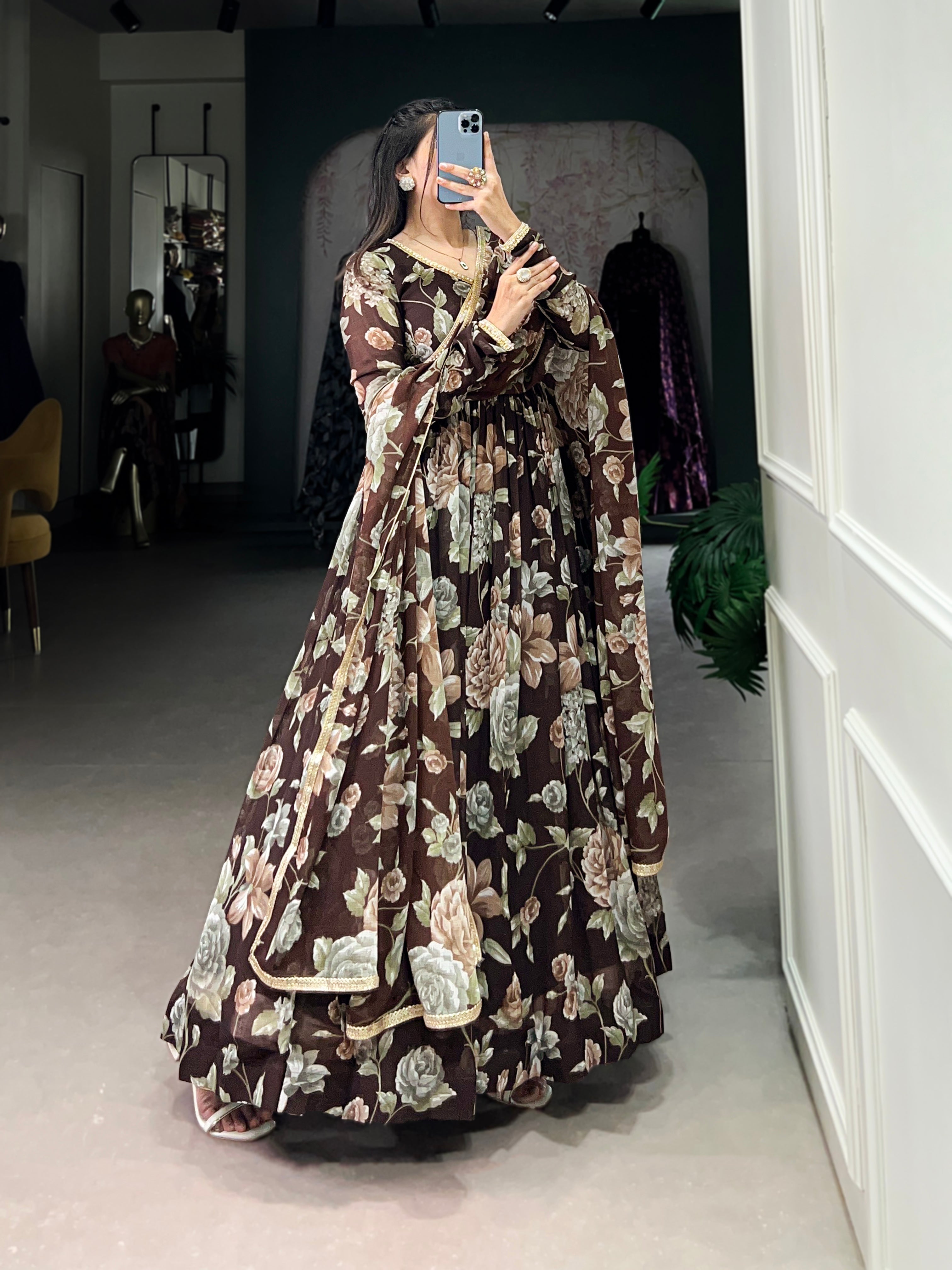 Lorenvalley Brown Marbel Fabric Floral Print With Lace Touch Up Gown with Dupatta | Grocsy