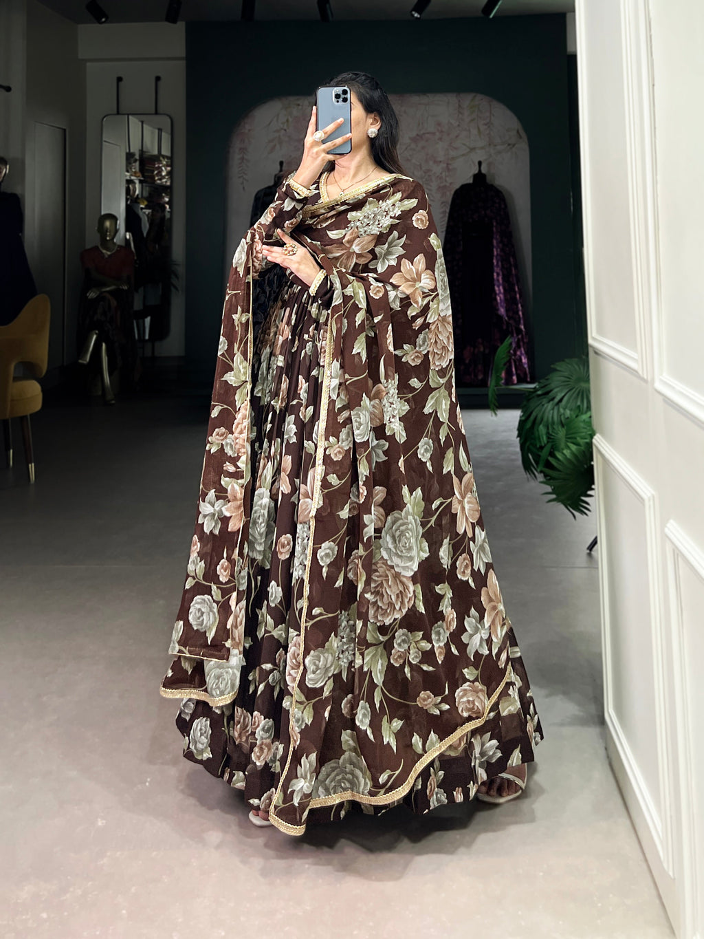 Lorenvalley Brown Marbel Fabric Floral Print With Lace Touch Up Gown with Dupatta | Grocsy