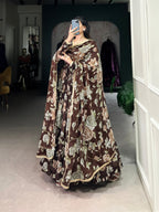Lorenvalley Brown Marbel Fabric Floral Print With Lace Touch Up Gown with Dupatta | Grocsy