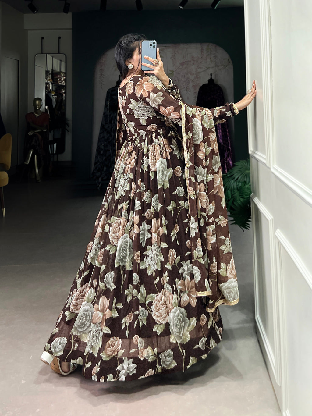 Lorenvalley Brown Marbel Fabric Floral Print With Lace Touch Up Gown with Dupatta | Grocsy