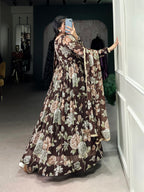 Lorenvalley Brown Marbel Fabric Floral Print With Lace Touch Up Gown with Dupatta | Grocsy