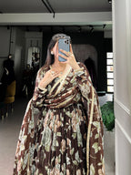 Lorenvalley Brown Marbel Fabric Floral Print With Lace Touch Up Gown with Dupatta | Grocsy