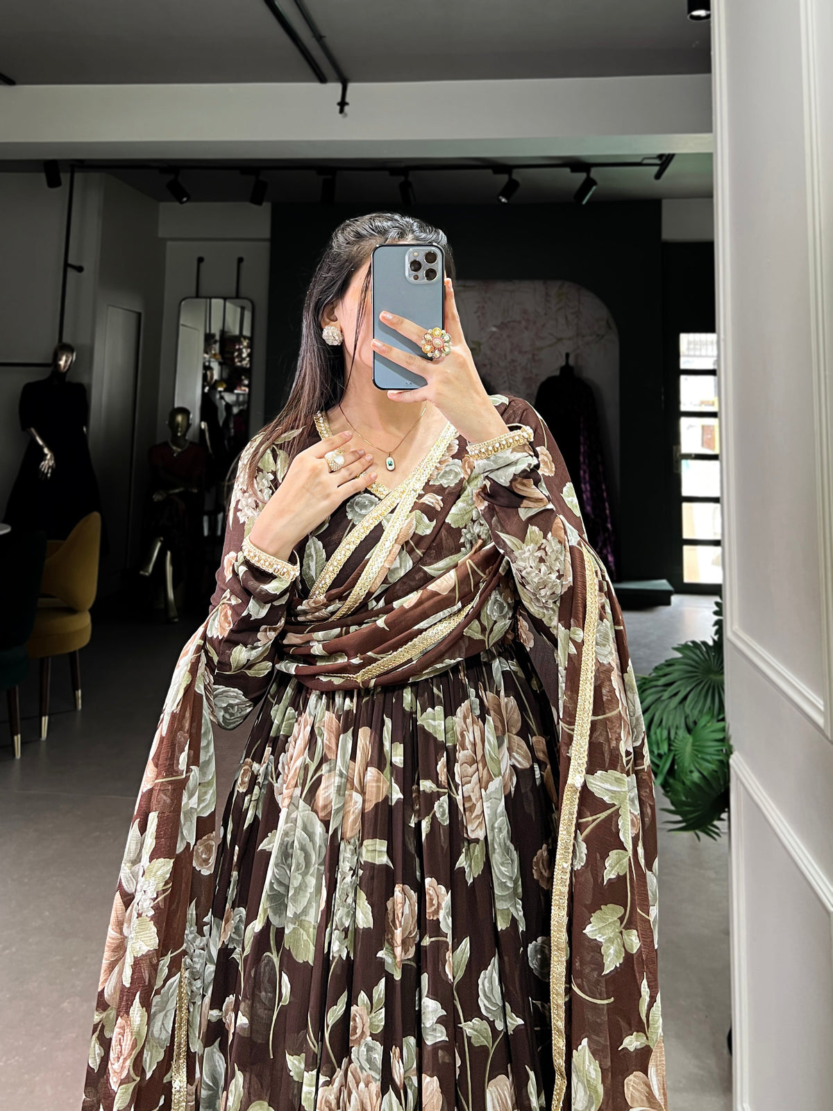 Lorenvalley Brown Marbel Fabric Floral Print With Lace Touch Up Gown with Dupatta | Grocsy