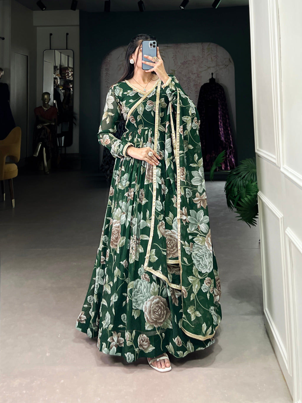 Lorenvalley Green Marbel Fabric Floral Print With Lace Touch Up Gown with Dupatta | Grocsy