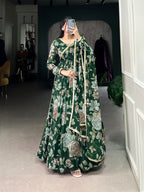 Lorenvalley Green Marbel Fabric Floral Print With Lace Touch Up Gown with Dupatta | Grocsy