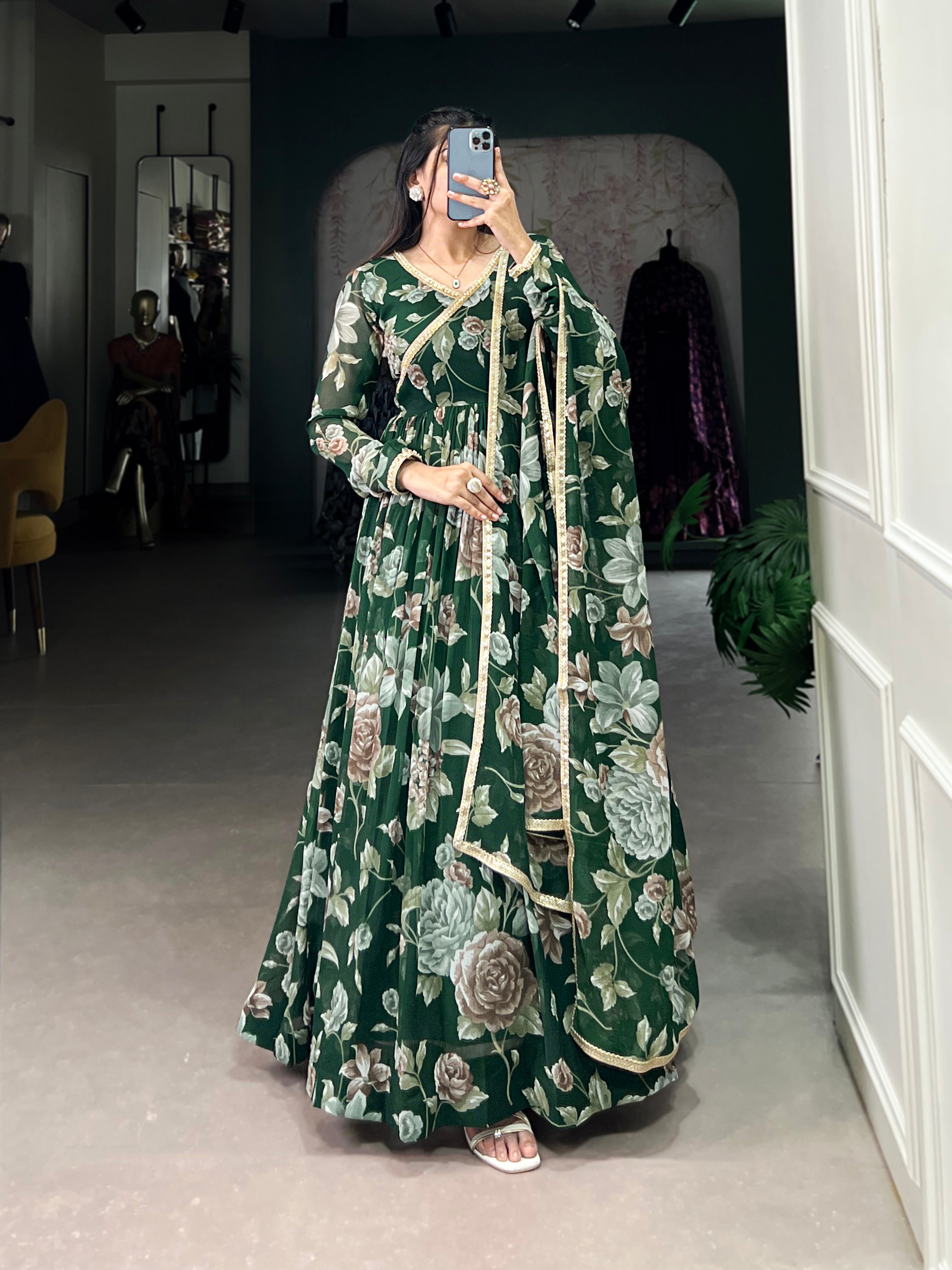 Lorenvalley Green Marbel Fabric Floral Print With Lace Touch Up Gown with Dupatta | Grocsy
