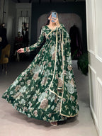 Lorenvalley Green Marbel Fabric Floral Print With Lace Touch Up Gown with Dupatta | Grocsy