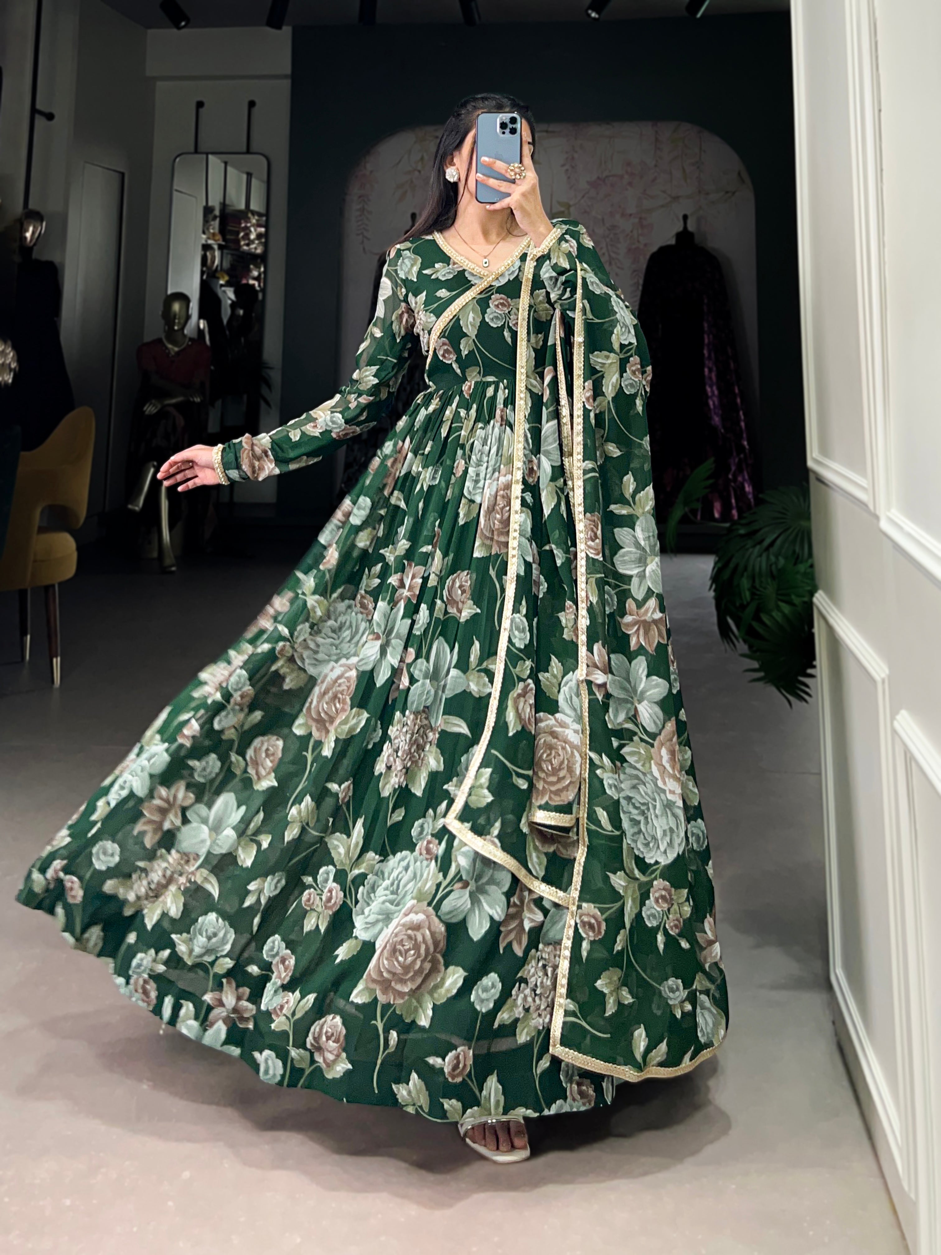 Lorenvalley Green Marbel Fabric Floral Print With Lace Touch Up Gown with Dupatta | Grocsy