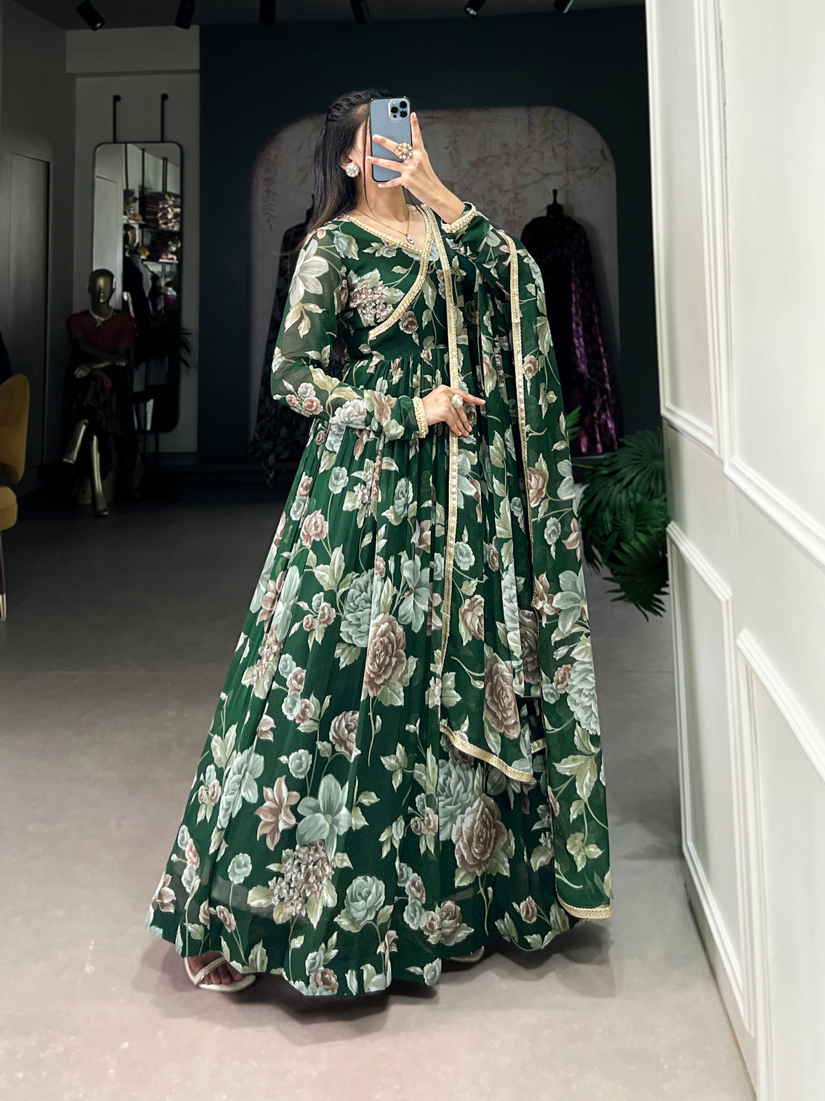 Lorenvalley Green Marbel Fabric Floral Print With Lace Touch Up Gown with Dupatta | Grocsy