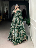 Lorenvalley Green Marbel Fabric Floral Print With Lace Touch Up Gown with Dupatta | Grocsy