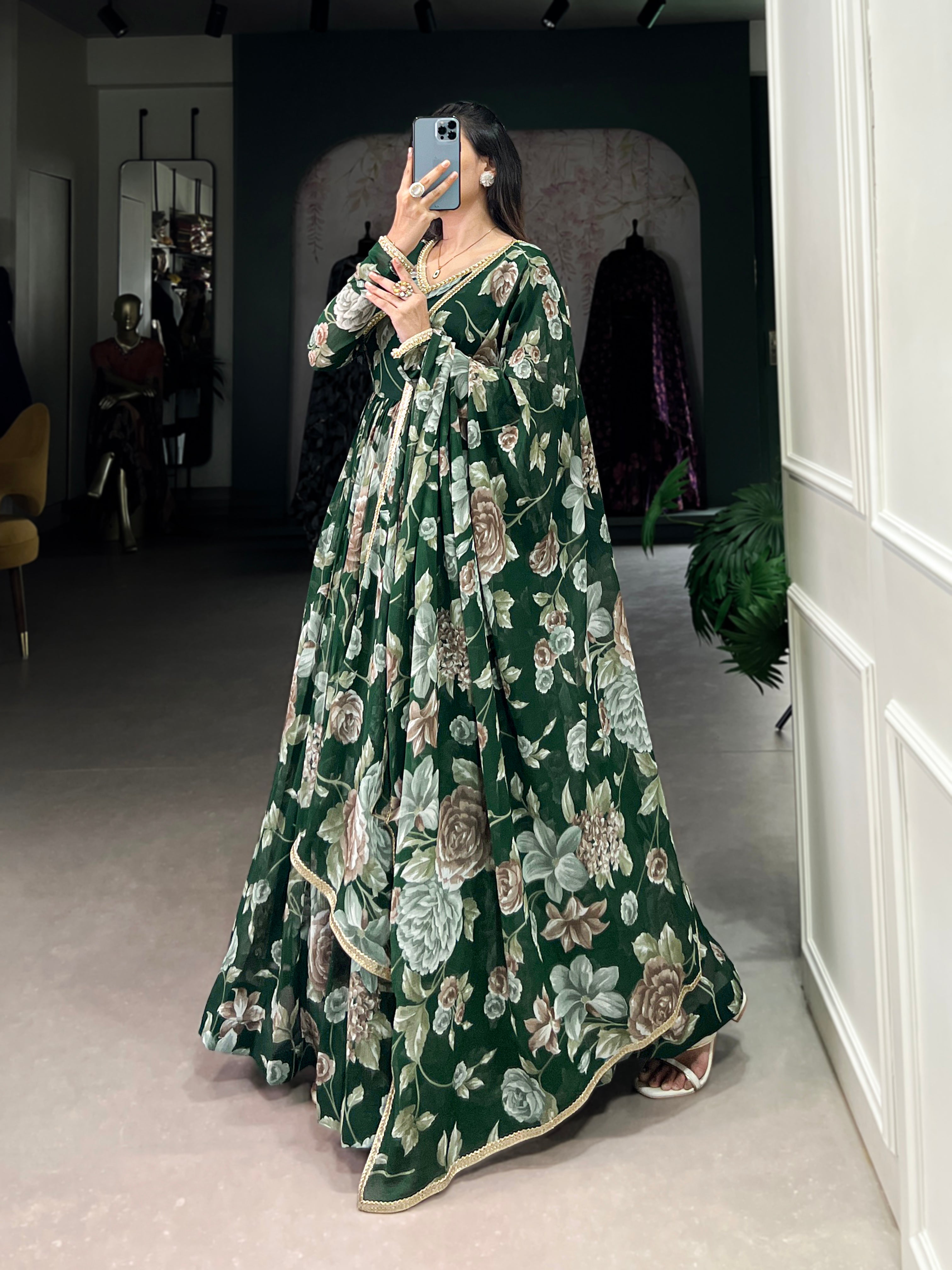 Lorenvalley Green Marbel Fabric Floral Print With Lace Touch Up Gown with Dupatta | Grocsy