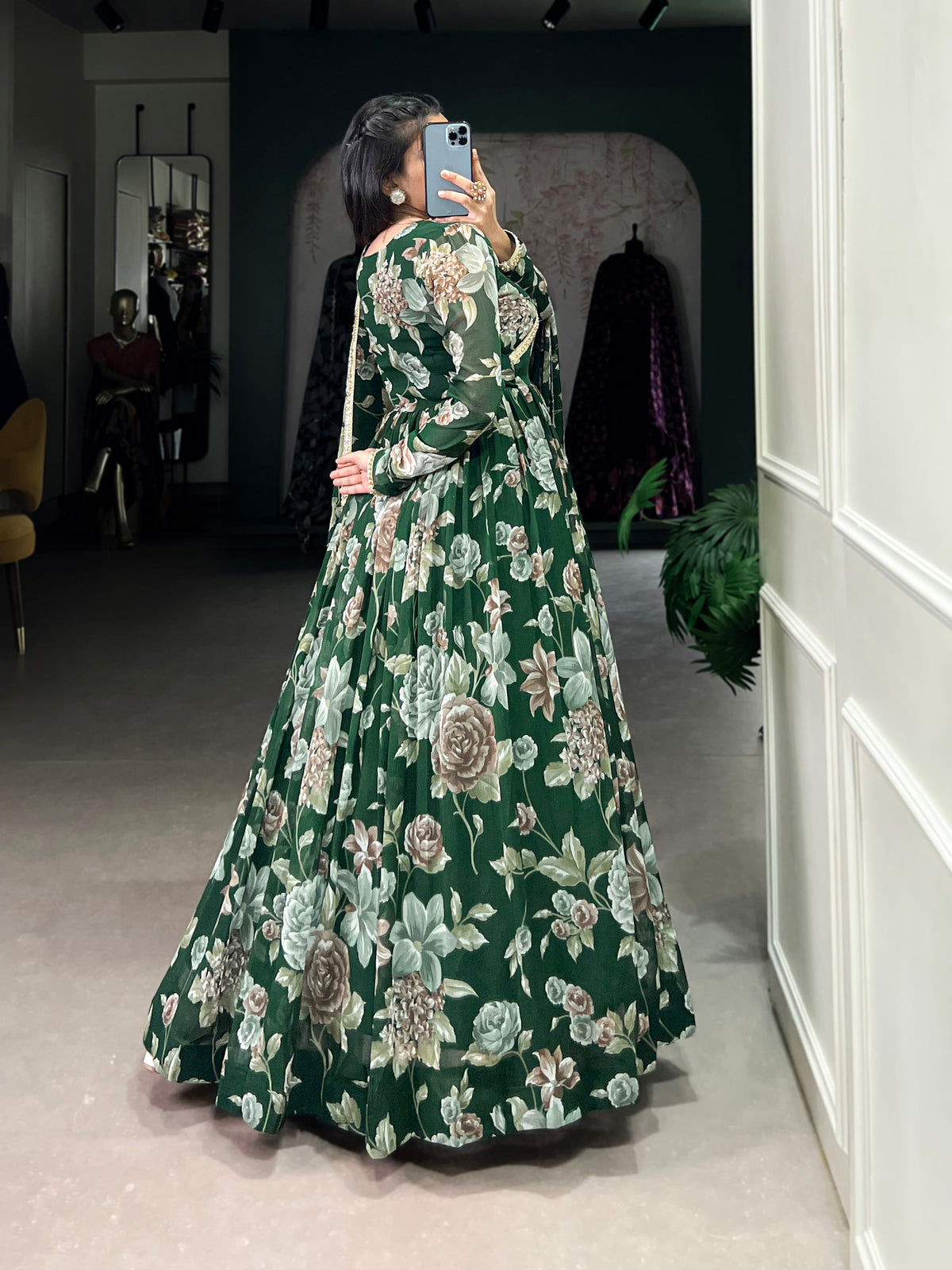 Lorenvalley Green Marbel Fabric Floral Print With Lace Touch Up Gown with Dupatta | Grocsy