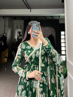 Lorenvalley Green Marbel Fabric Floral Print With Lace Touch Up Gown with Dupatta | Grocsy