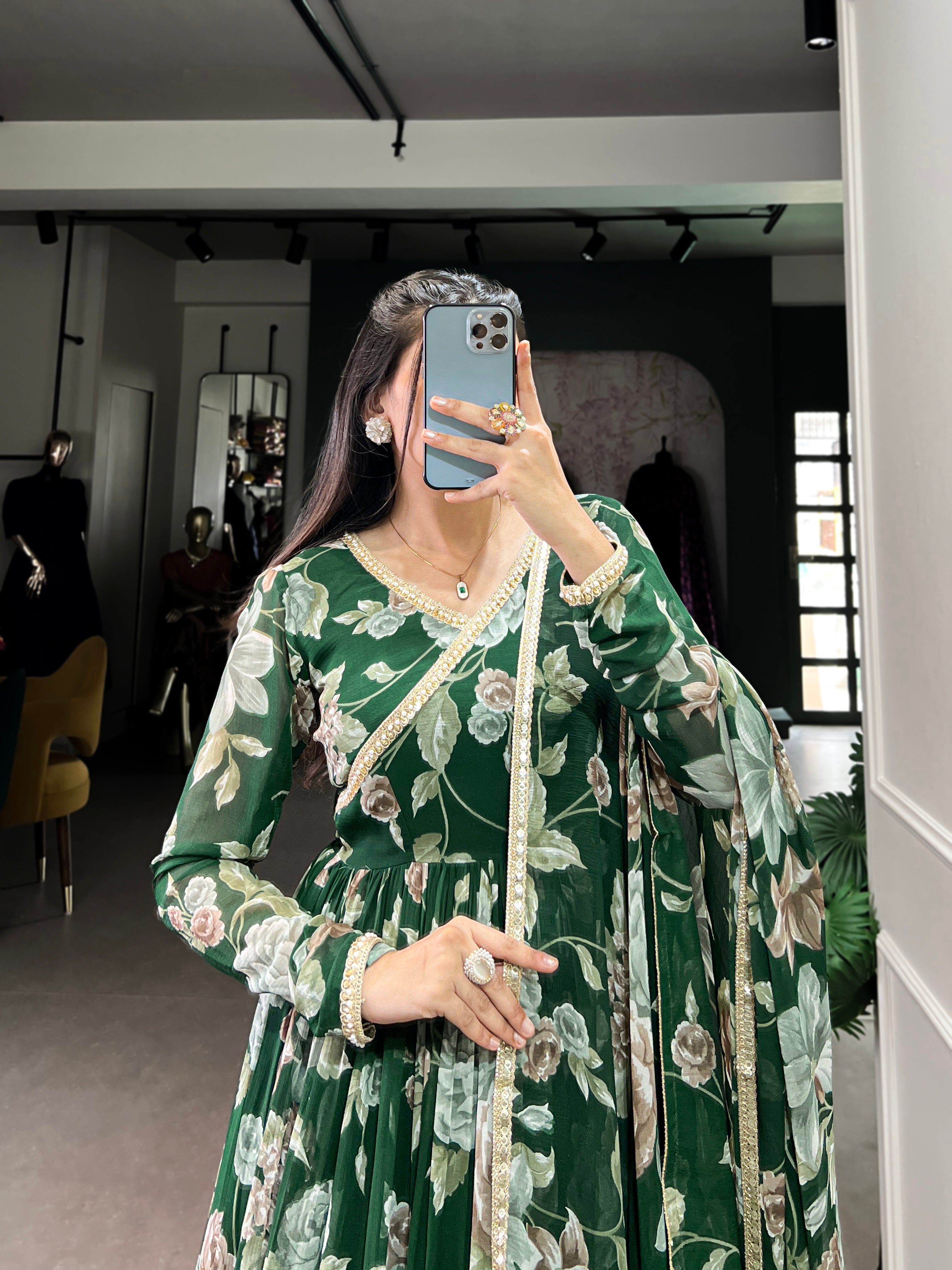 Lorenvalley Green Marbel Fabric Floral Print With Lace Touch Up Gown with Dupatta | Grocsy