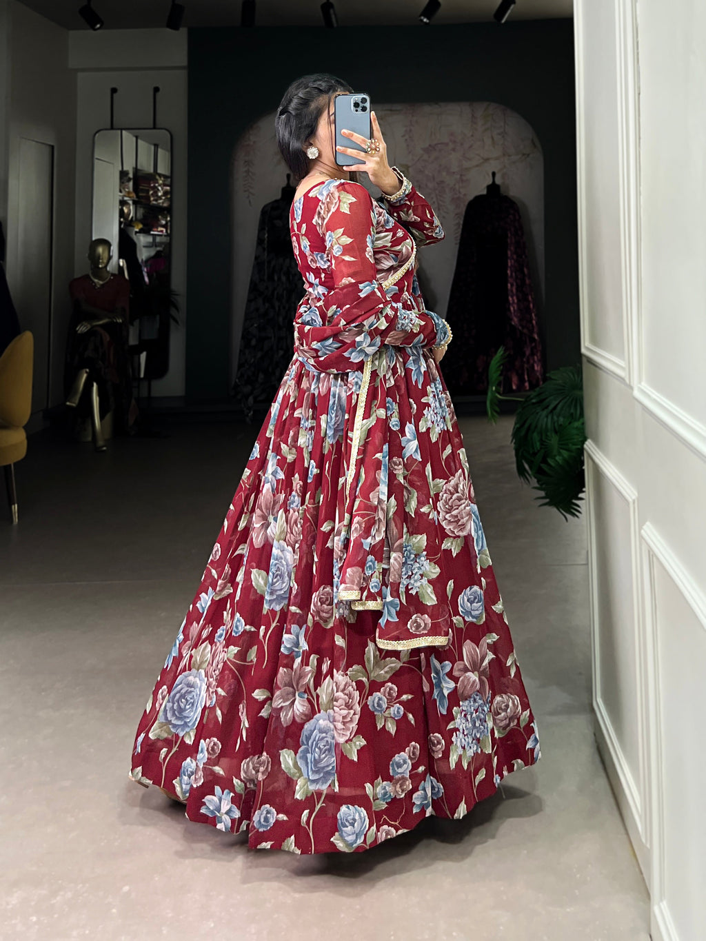 Lorenvalley Maroon Marbel Fabric Floral Print With Lace Touch Up Gown with Dupatta | Grocsy