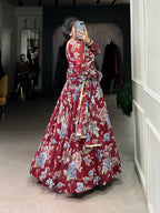 Lorenvalley Maroon Marbel Fabric Floral Print With Lace Touch Up Gown with Dupatta | Grocsy